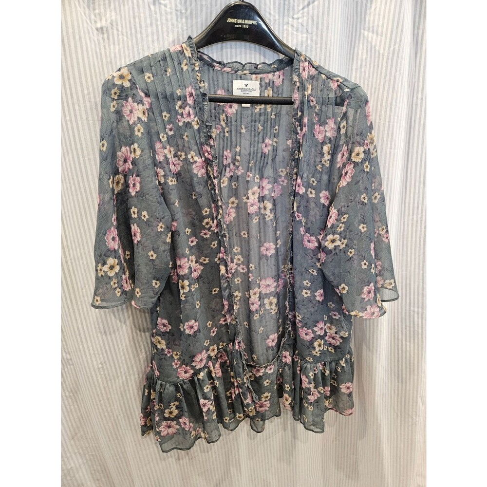 American Eagle Outfitters Slate Floral Sheer Ruffle Kimono XS/S